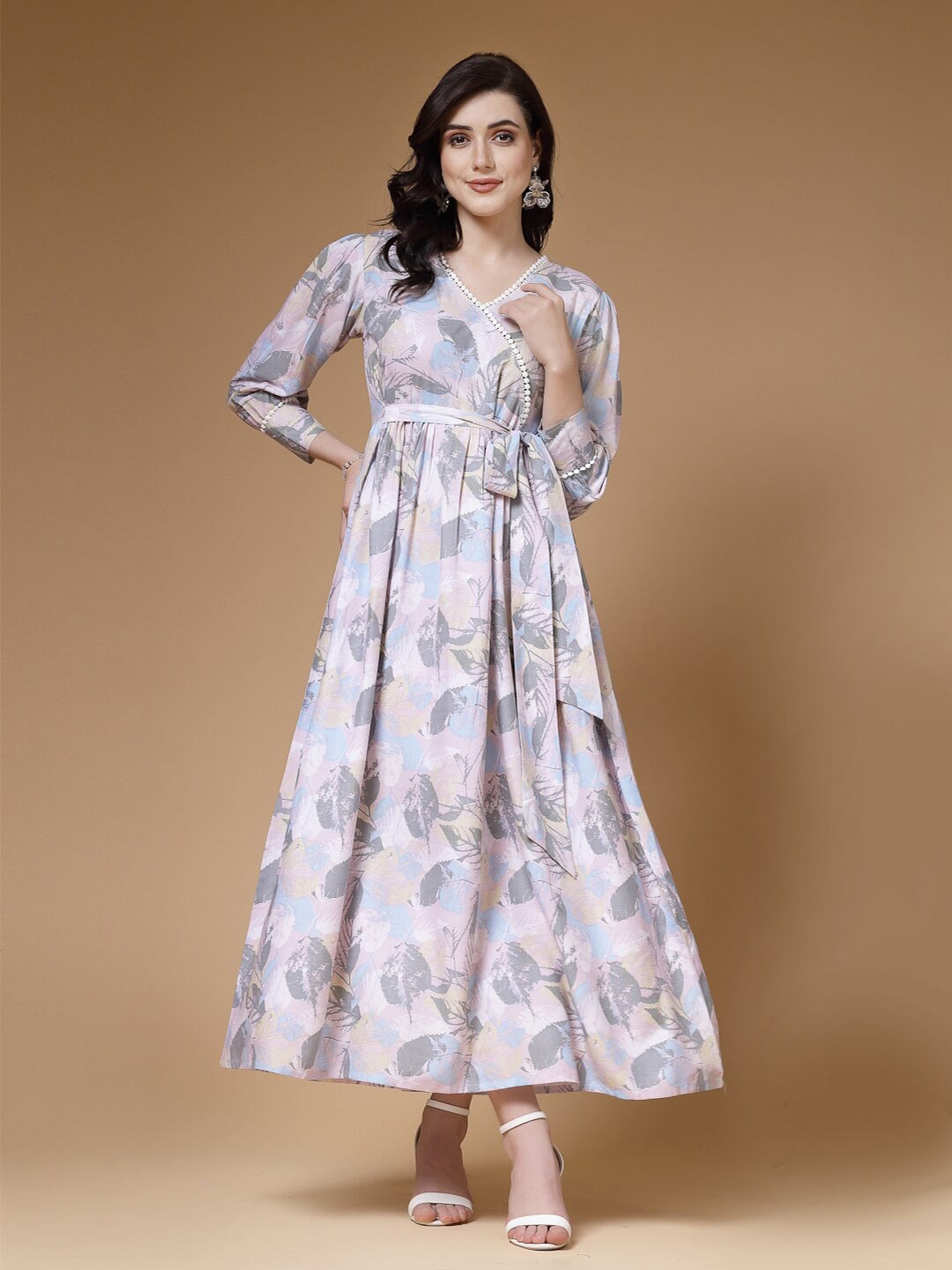 

Indibelle Floral Printed V-Neck Puff Sleeves Tie-Ups Maxi Dress, Beige
