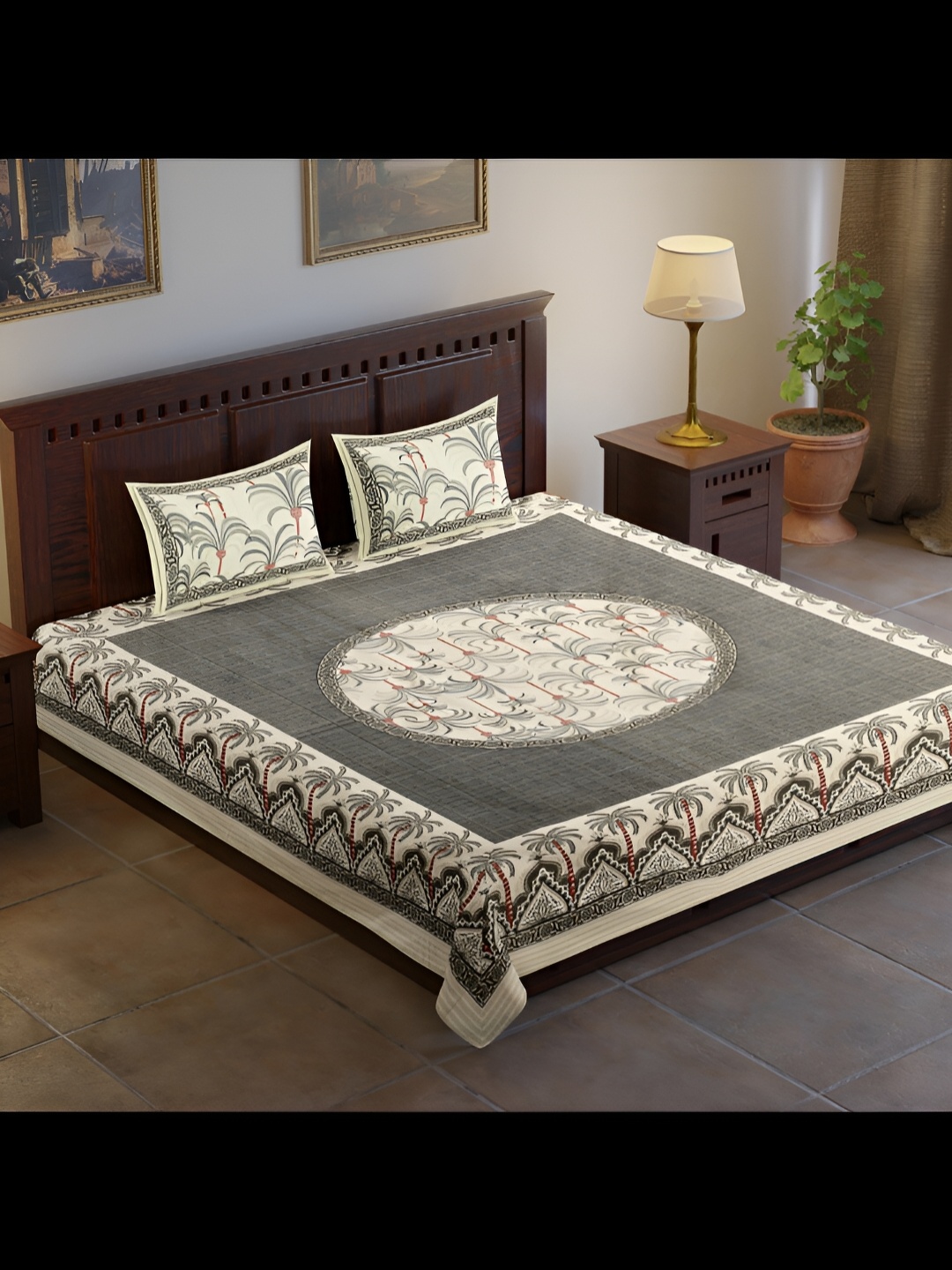 

UBANIA COLLECTION Grey & Cream Floral Cotton 140 TC King Bedsheet With 2 Pillow Covers