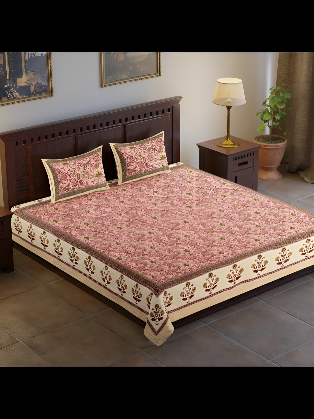 

UBANIA COLLECTION Pink & Cream Floral Cotton 140 TC King Bedsheet With 2 Pillow Covers