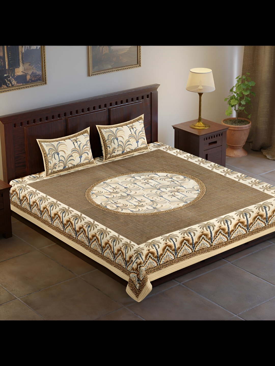 

UBANIA COLLECTION Brown & Cream Floral Cotton 140 TC King Bedsheet With 2 Pillow Covers