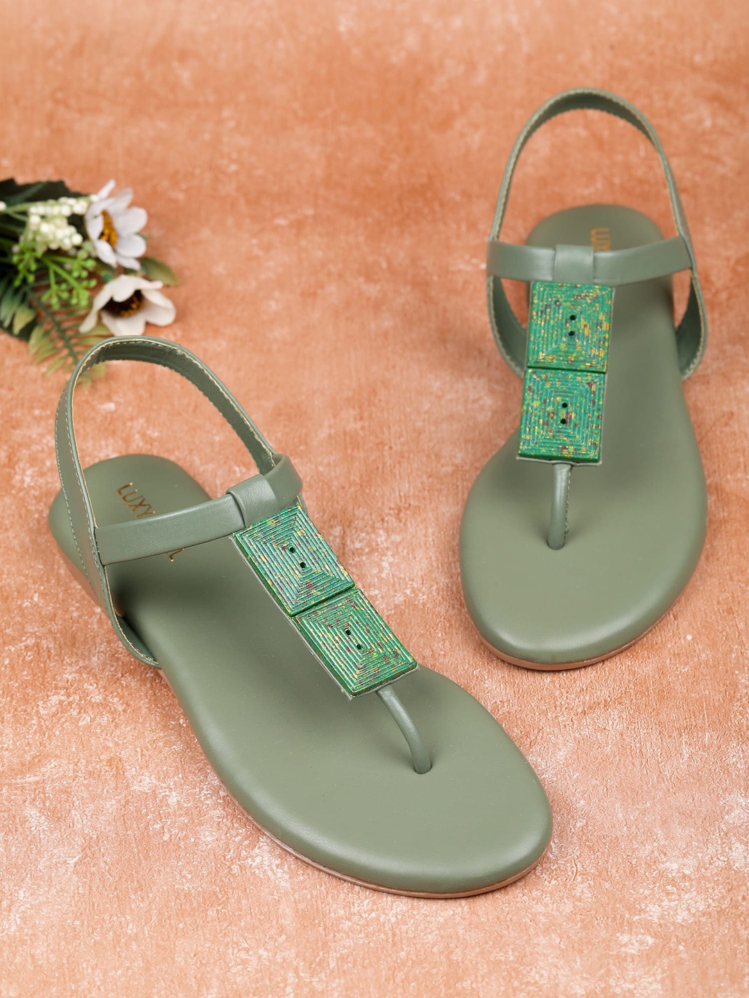 

Luxyfeel Embellished T-Strap Flats, Green