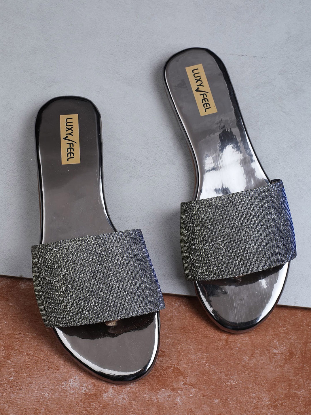 

Luxyfeel Shimmered Open Toe Flats, Grey