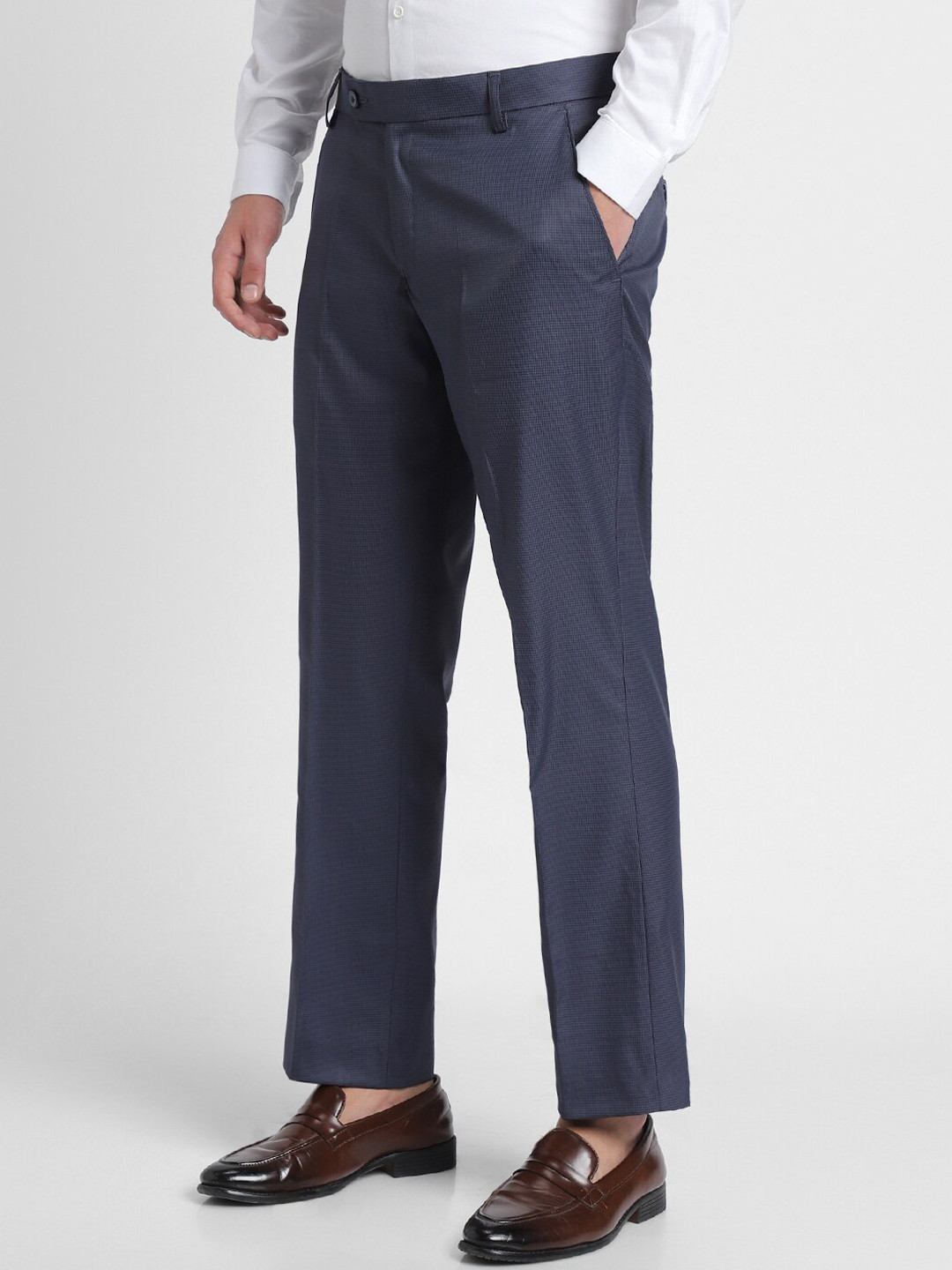

Dennis Lingo Men Checked Tailored Slim Fit Formal Trousers, Navy blue