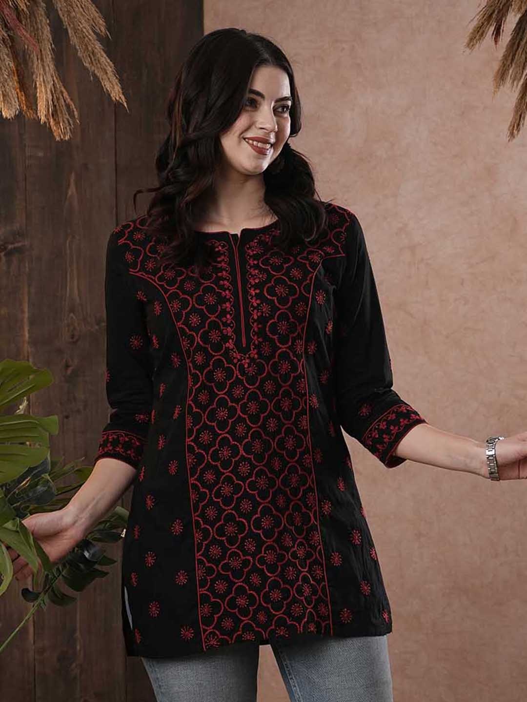 

ADA Ethnic Motifs Embroidered Lucknow Chikankari Pure Cotton Kurti, Black