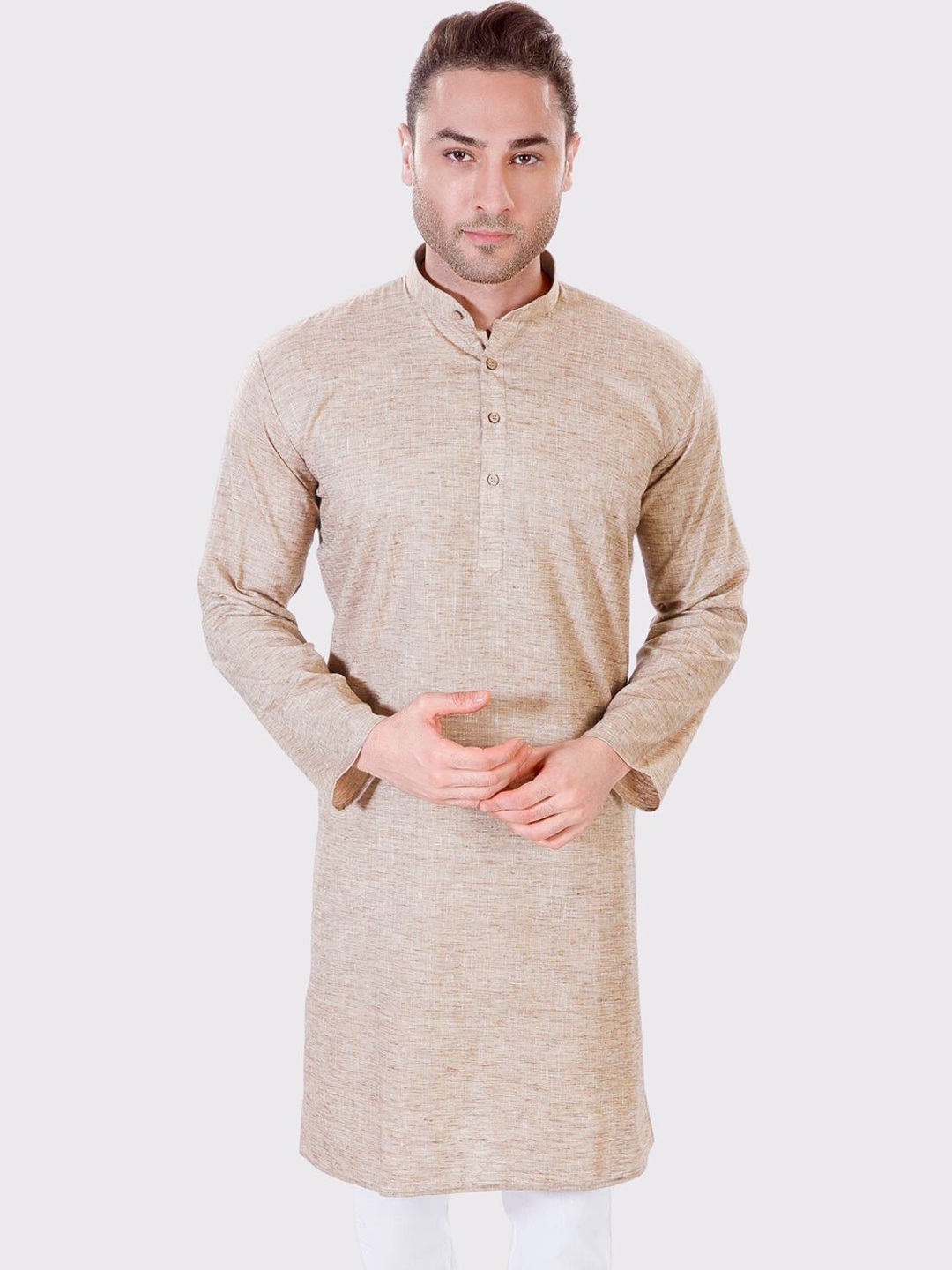 

Maharaja Band Collar Regular Cotton Linen Kurta, Beige