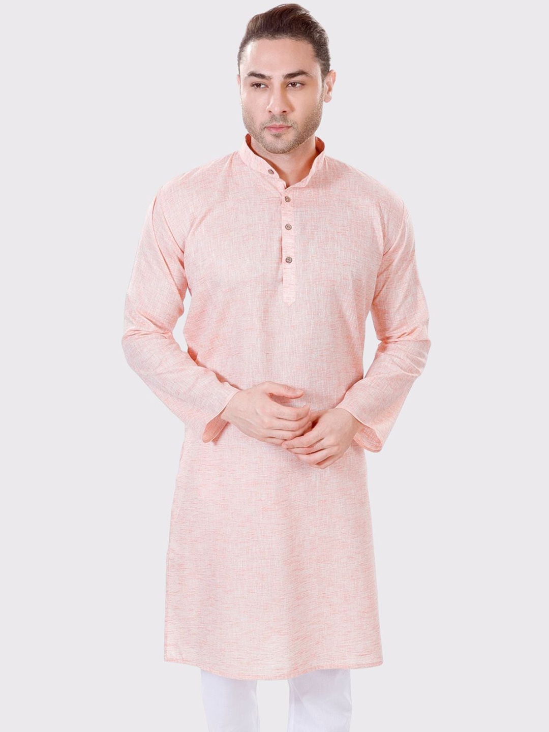 

Maharaja Mandarin Collar Linen Cotton Straight Kurta, Peach