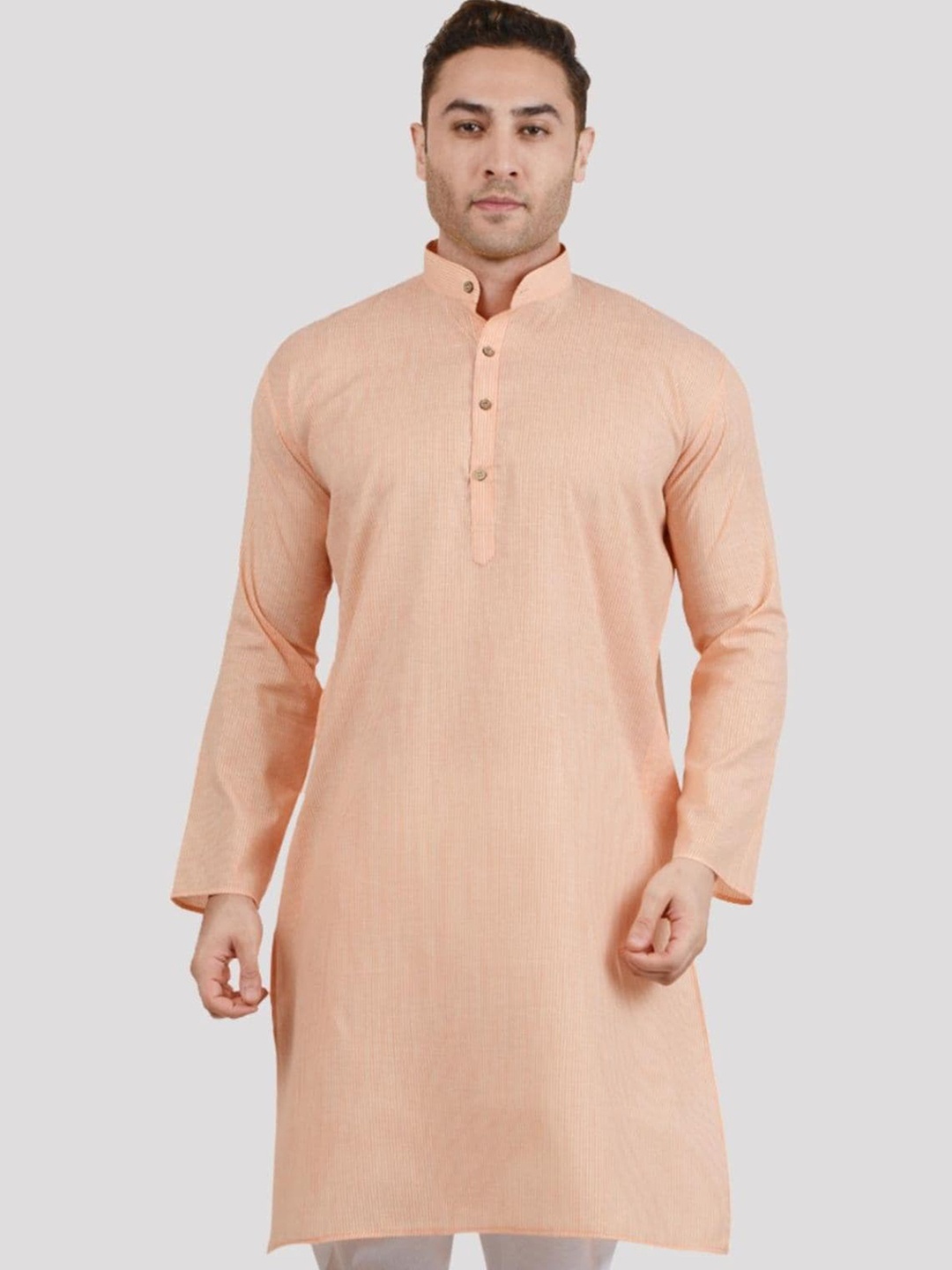 

Maharaja Striped Band Collar Long Sleeve Cotton Straight Kurta, Orange