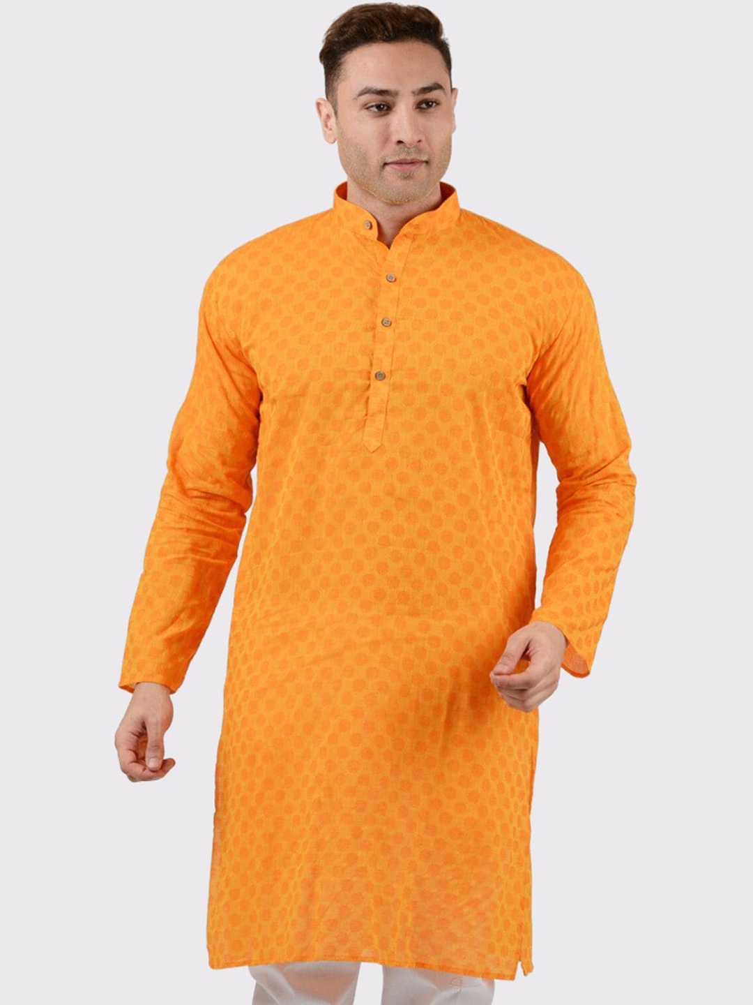 

Maharaja Geometric Printed Cotton Mandarin Collar Kurta, Orange