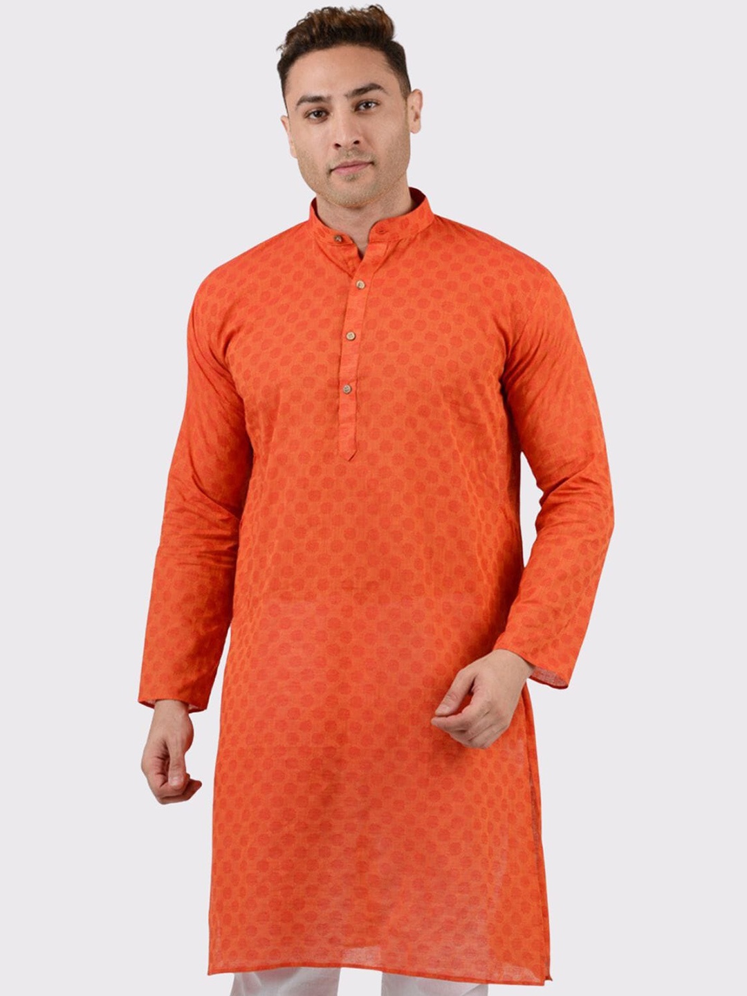 

Maharaja Geometric Woven Design Cotton Kurta, Orange