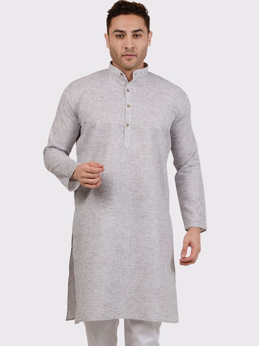 

Maharaja Band Collar Linen Cotton Kurta, Grey