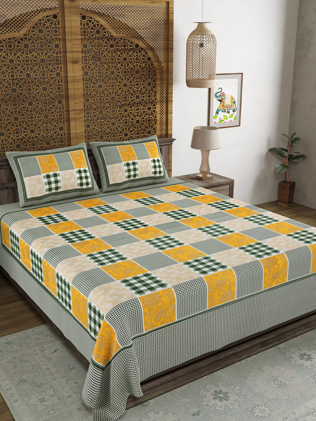 

Aura Green & Orange Geometric Printed 120 TC Queen Bedsheet with 2 Pillow Covers
