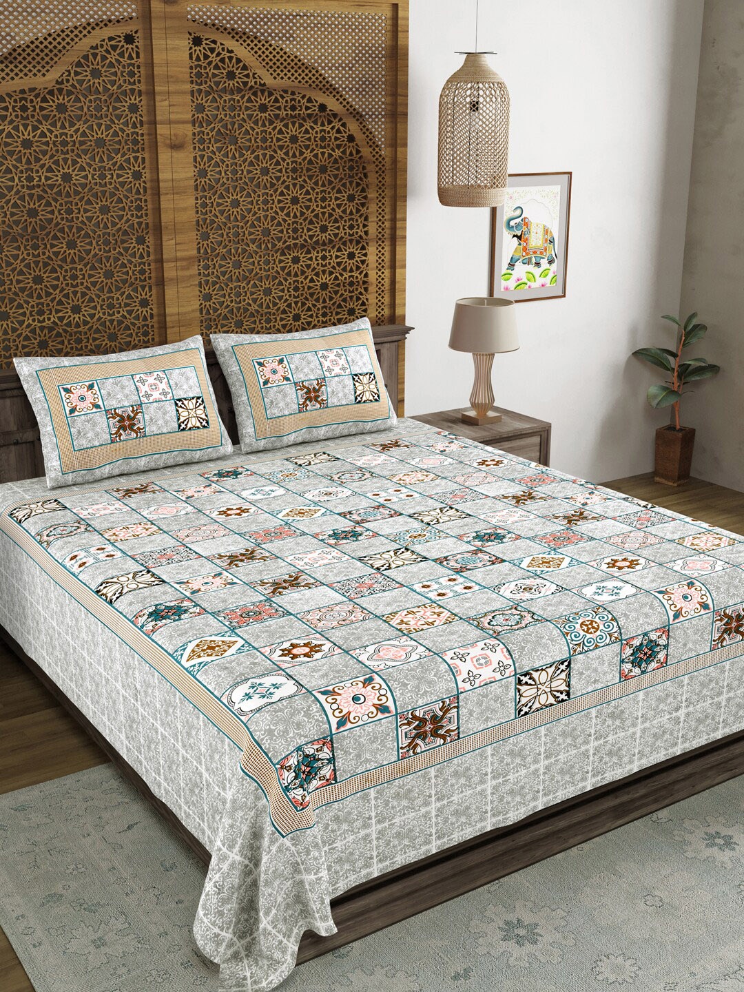 

Aura Grey & Brown Ethnic Motifs Printed 120 TC Queen Bedsheet with 2 Pillow Covers