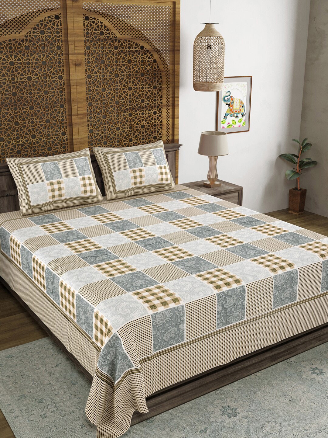 

Aura Brown & Grey Geometric Printed 120 TC Queen Bedsheet with 2 Pillow Covers