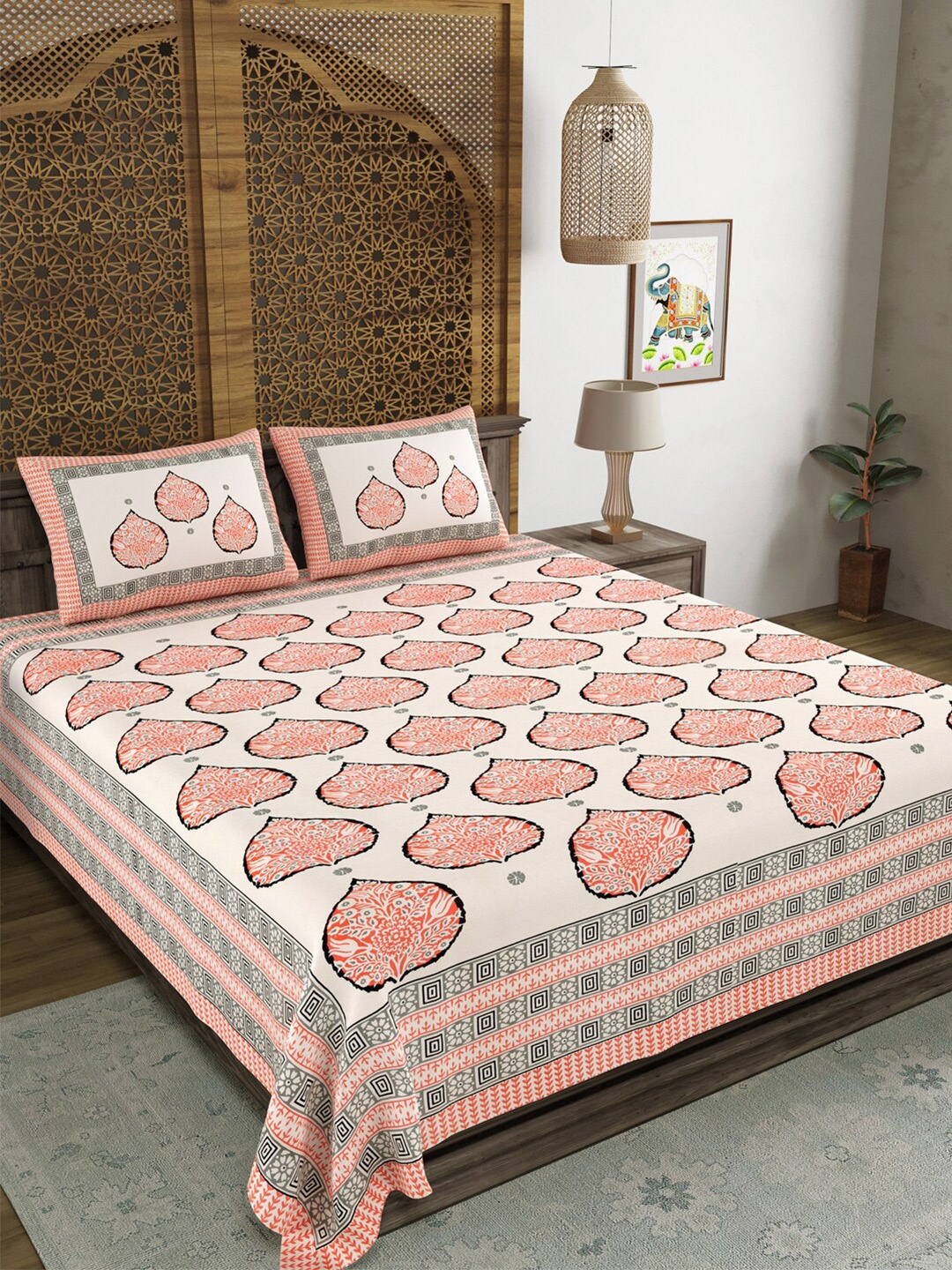 

Aura Yellow & Pink Ethnic Motifs Printed 120 TC Queen Bedsheet with 2 Pillow Covers