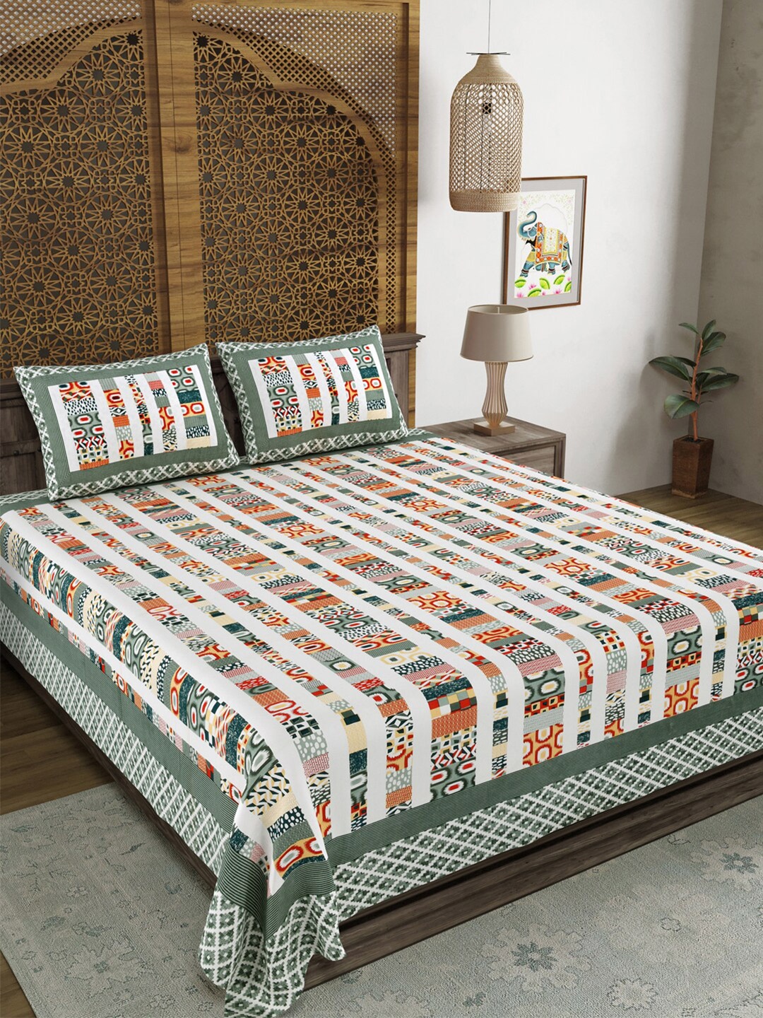 

Aura Grey White Ethnic Motifs Cotton 120 TC King Bedsheet With 2 Pillow Covers