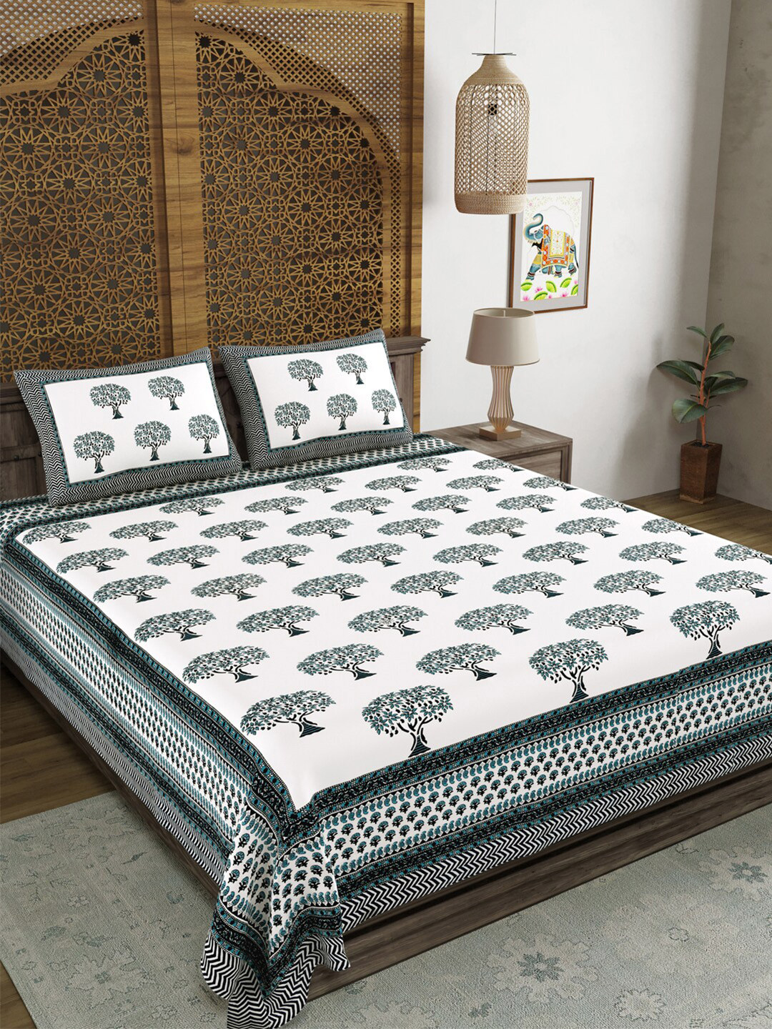 

Aura Blue White Floral Cotton 120 TC King Bedsheet With 2 Pillow Covers