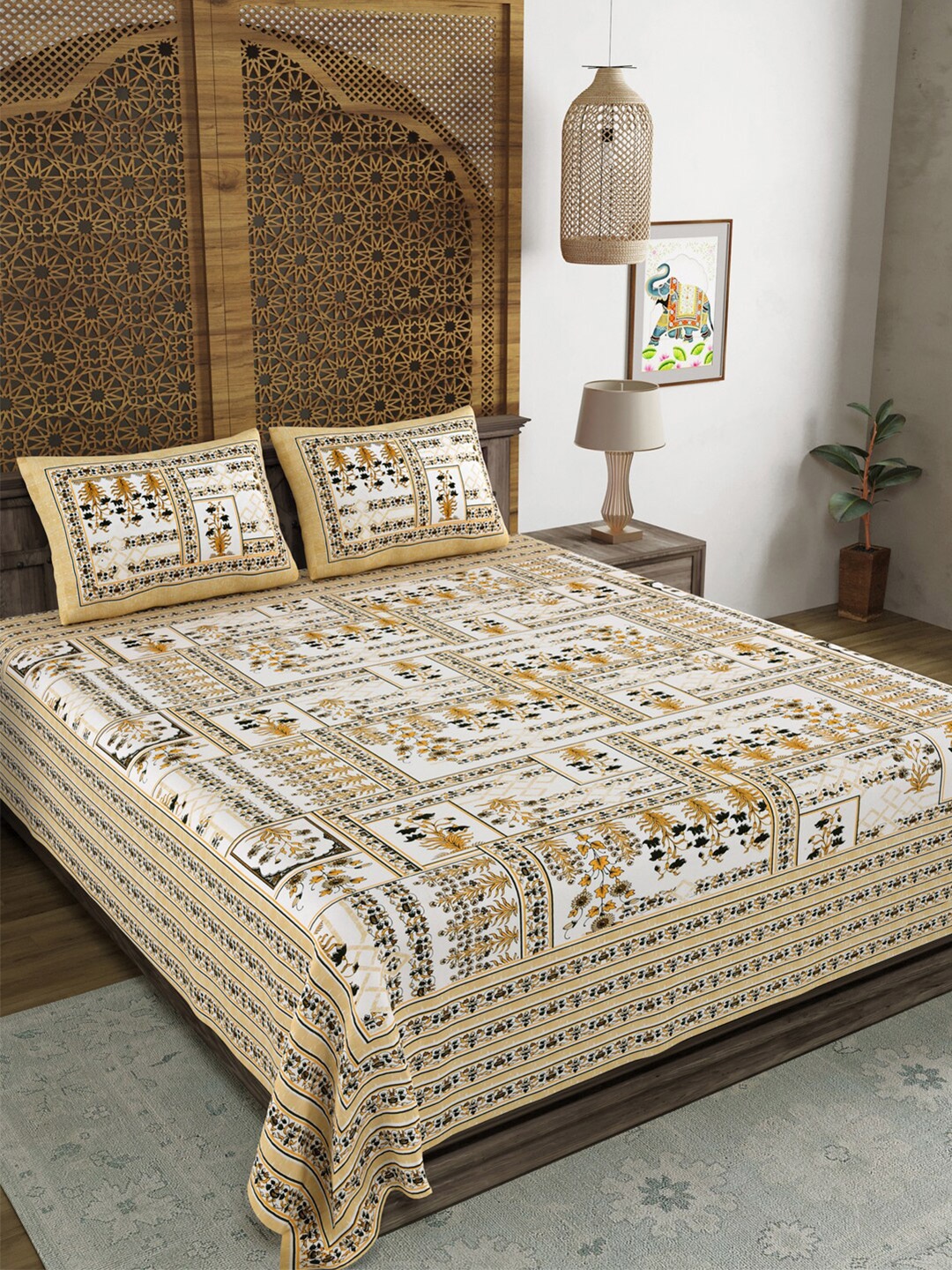 

Aura Cream Yellow Ethnic Motifs Cotton 120 TC King Bedsheet With 2 Pillow Covers