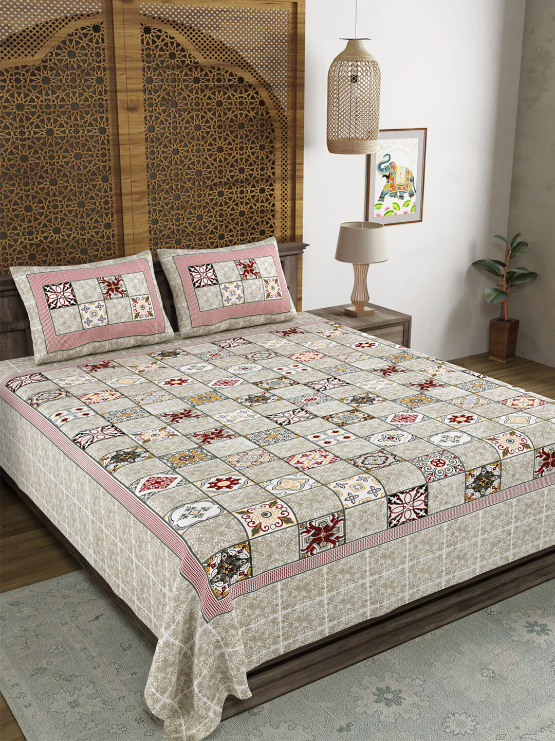 

Aura Green Red Ethnic Motifs Cotton 120 TC King Bedsheet With 2 Pillow Covers