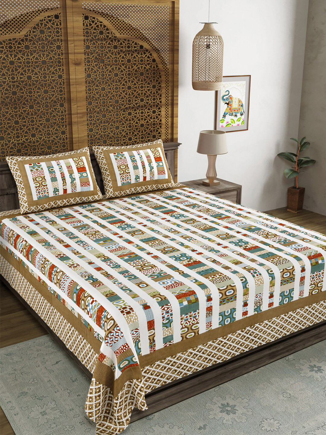 

Aura Brown White Ethnic Motifs Cotton 120 TC King Bedsheet With 2 Pillow Covers