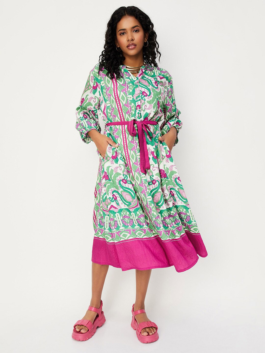 

max Floral Printed Mandarin Collar Shirt Style Dress, Green