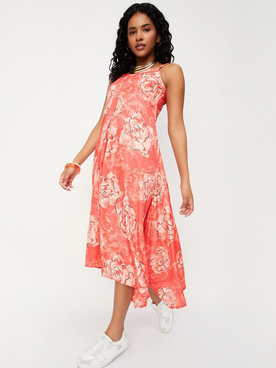 

max Floral Printed Shoulder Strap A-Line Midi Dress, Coral