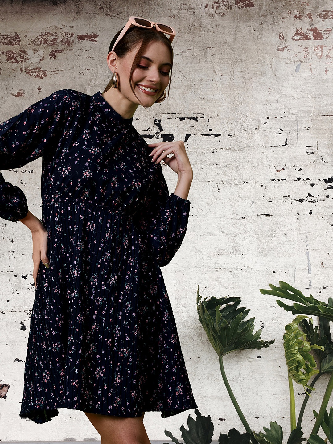 

DressBerry Navy Blue Floral Printed Puff Sleeves Accordion Pleated Fit & Flare Dress