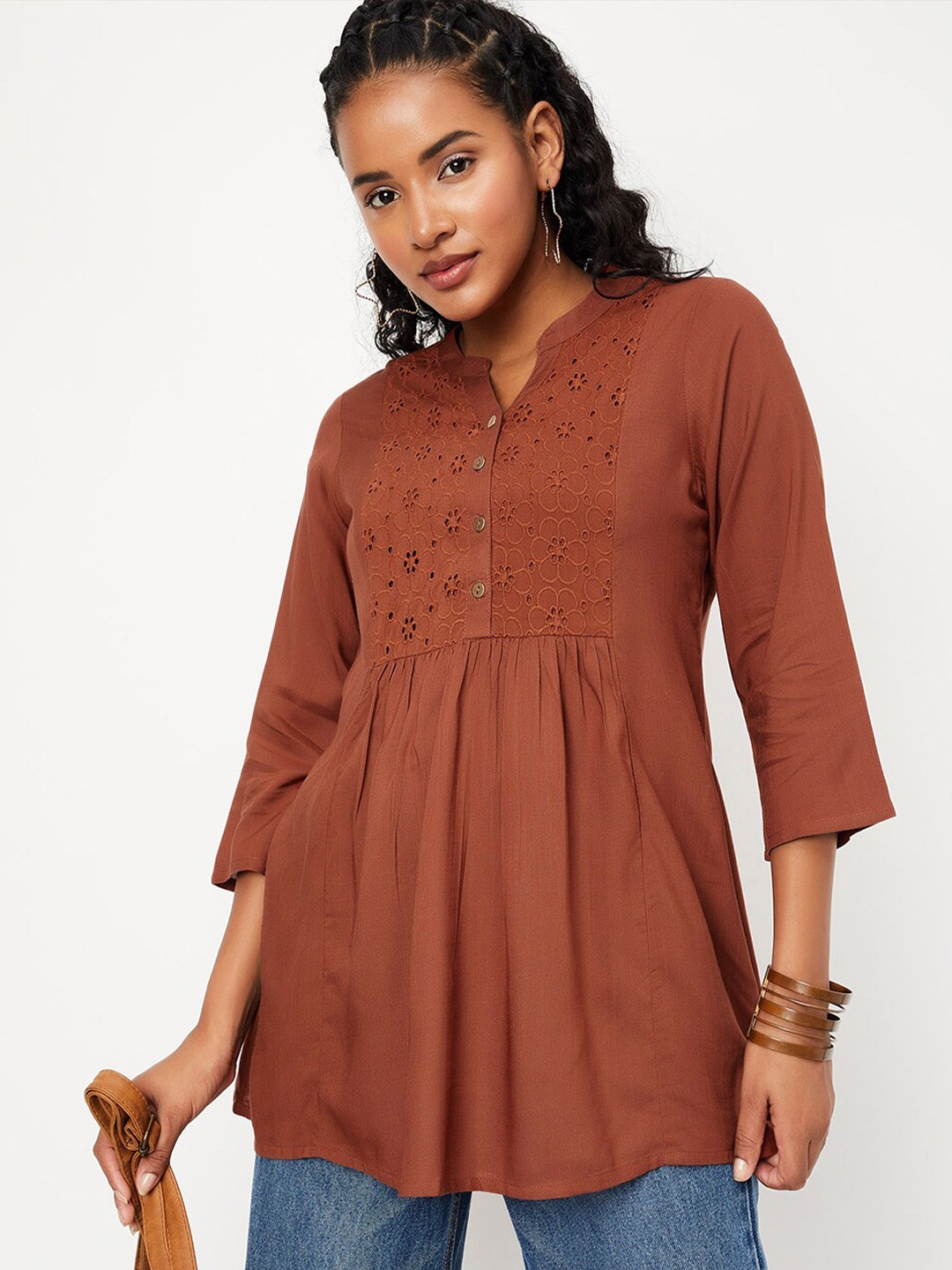 

max Self Design Mandarin Collar Tunic, Brown