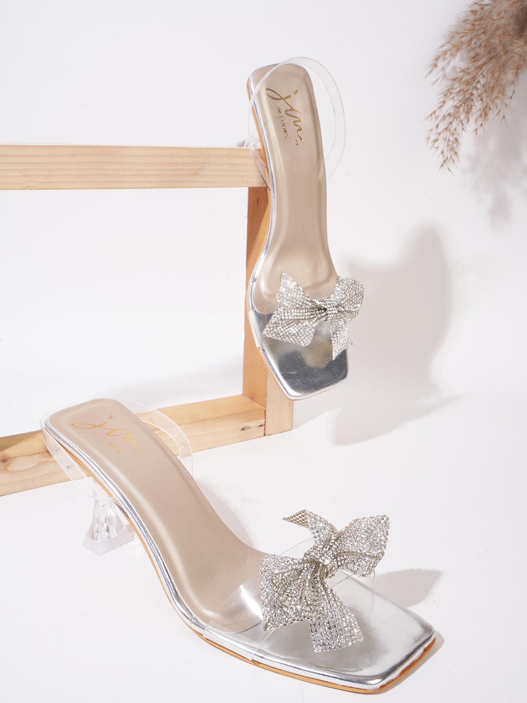 

JM Looks Embellished Bows Block Heels With Backstrap, Silver