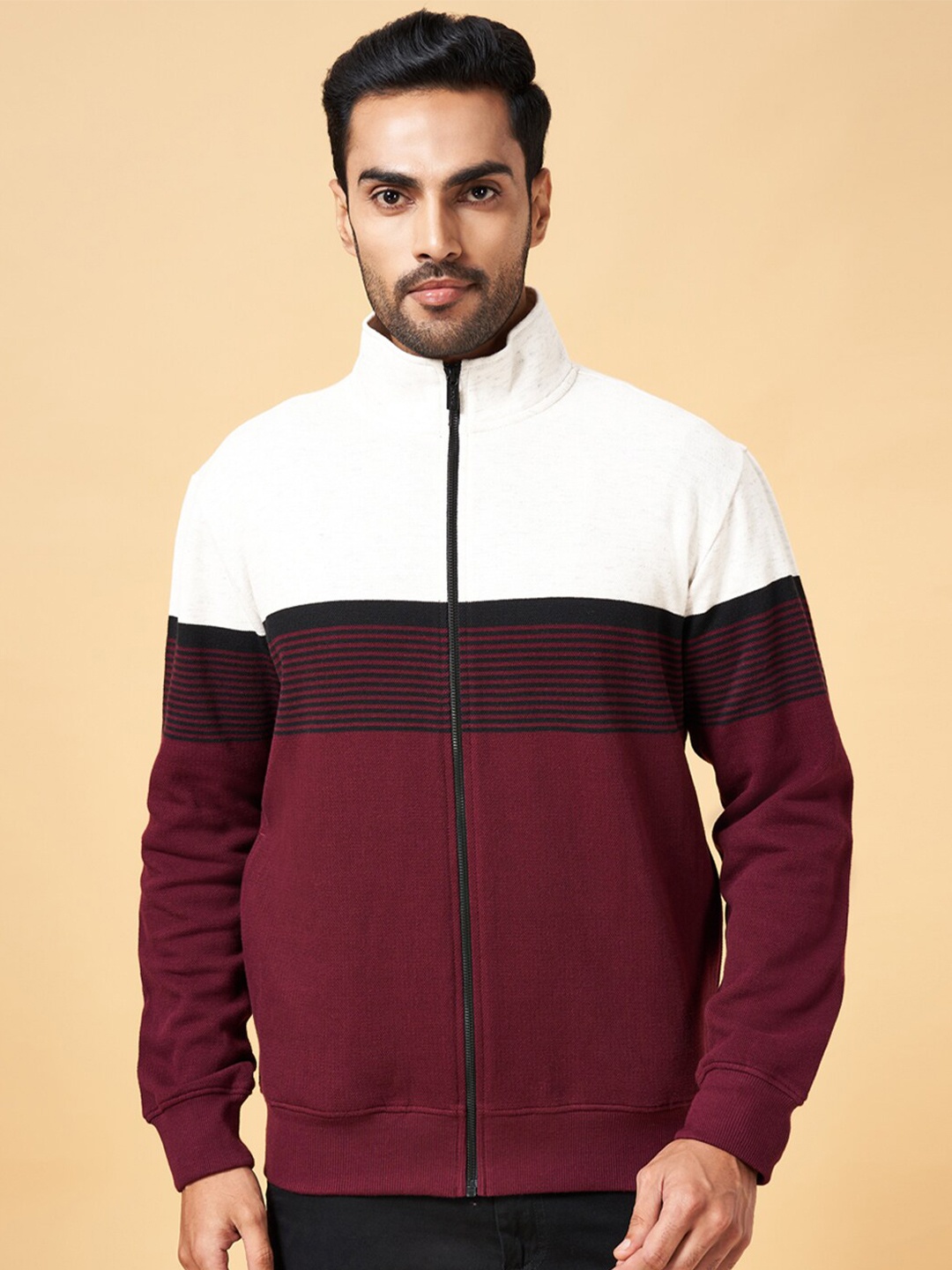 

BYFORD by Pantaloons Colourblocked Mock Neck Front-Open Sweatshirt, Maroon