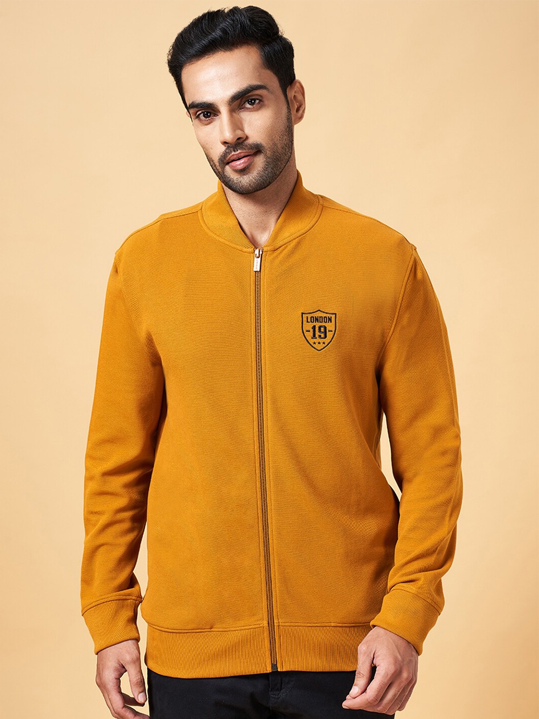 

BYFORD by Pantaloons Mandarin Collar Front-Open Sweatshirt, Mustard