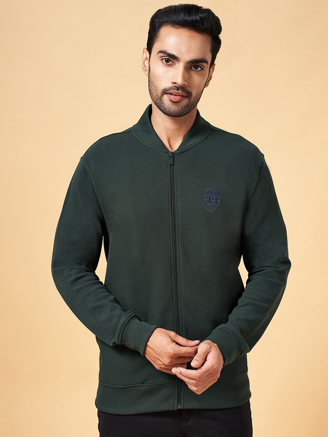 

BYFORD by Pantaloons Mandarin Collar Front-Open Sweatshirt, Green