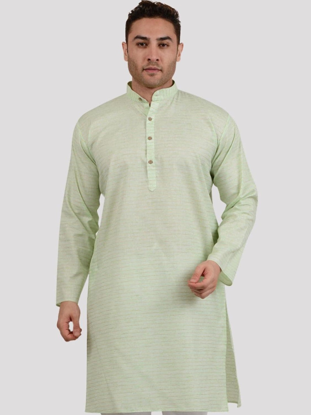 

Maharaja Striped Mandarin Collar Cotton Linen Kurta, Green