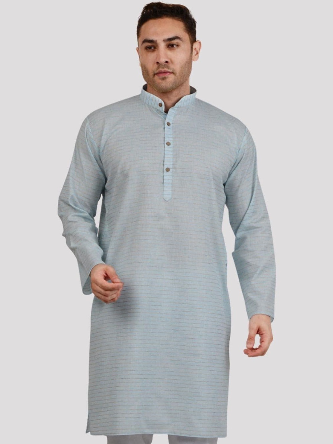 

Maharaja Horizontal Striped Mandarin Collar Cotton Linen Kurta, Blue