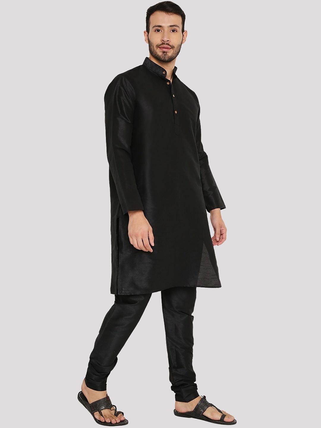 

Maharaja Mandarin Collar Long Sleeves Straight Dupion Silk Kurta, Black