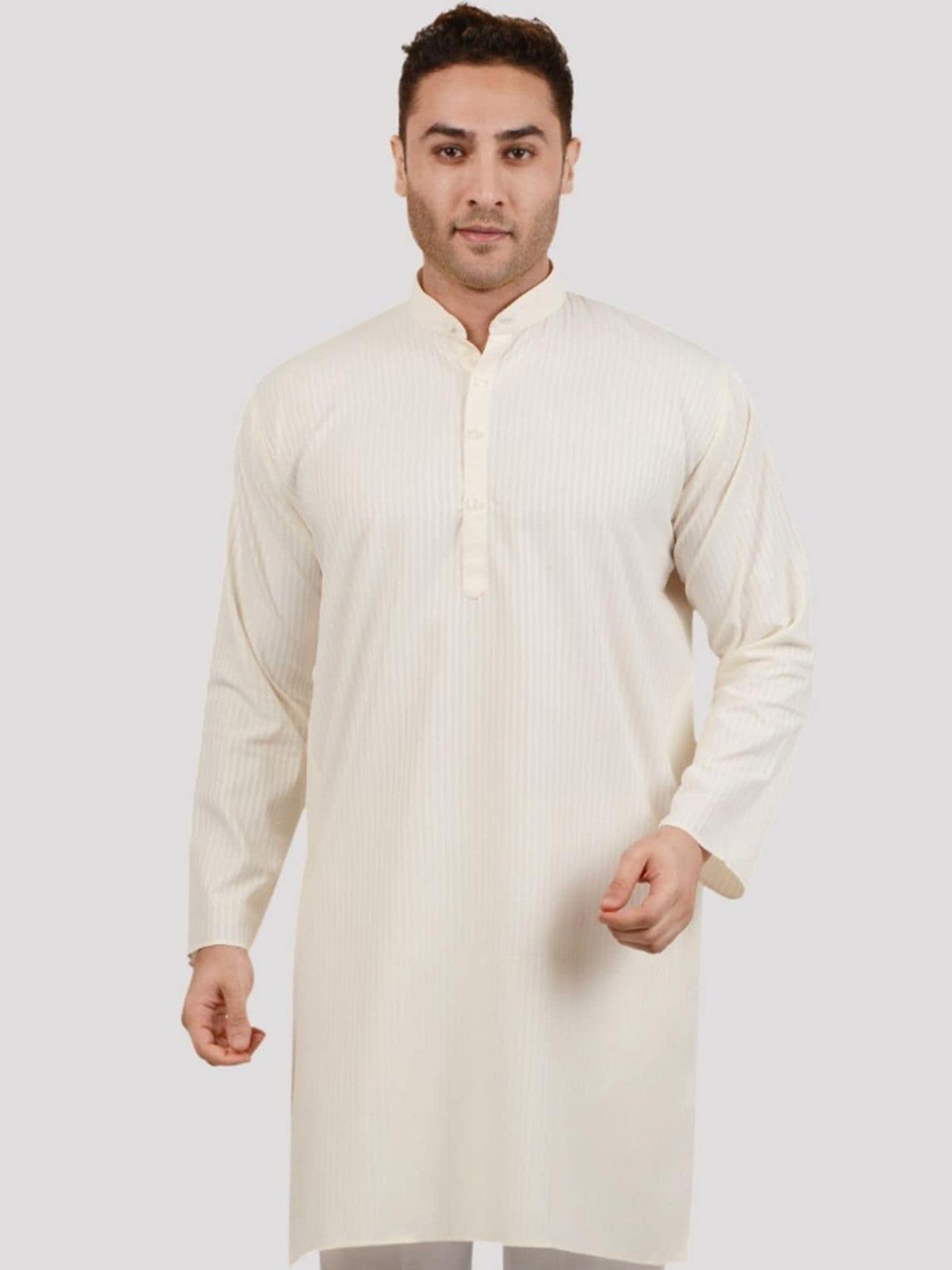 

Maharaja Striped Band Collar Pure Cotton Straight Kurta, Beige