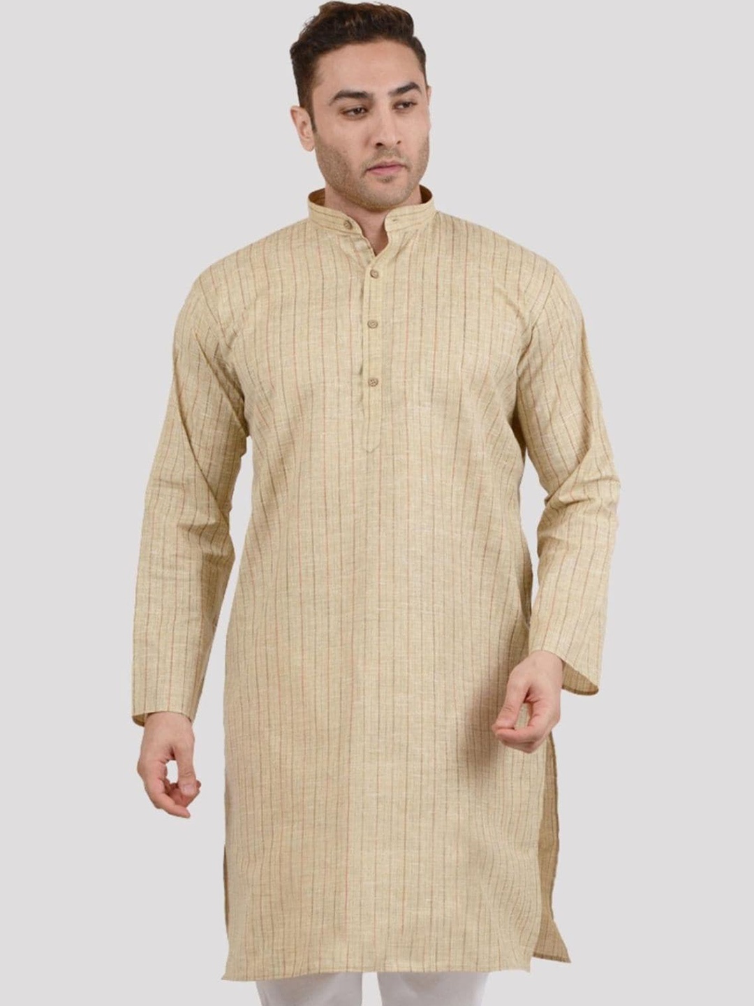 

Maharaja Striped Band Collar Regular Fit Linen Cotton Kurta, Khaki