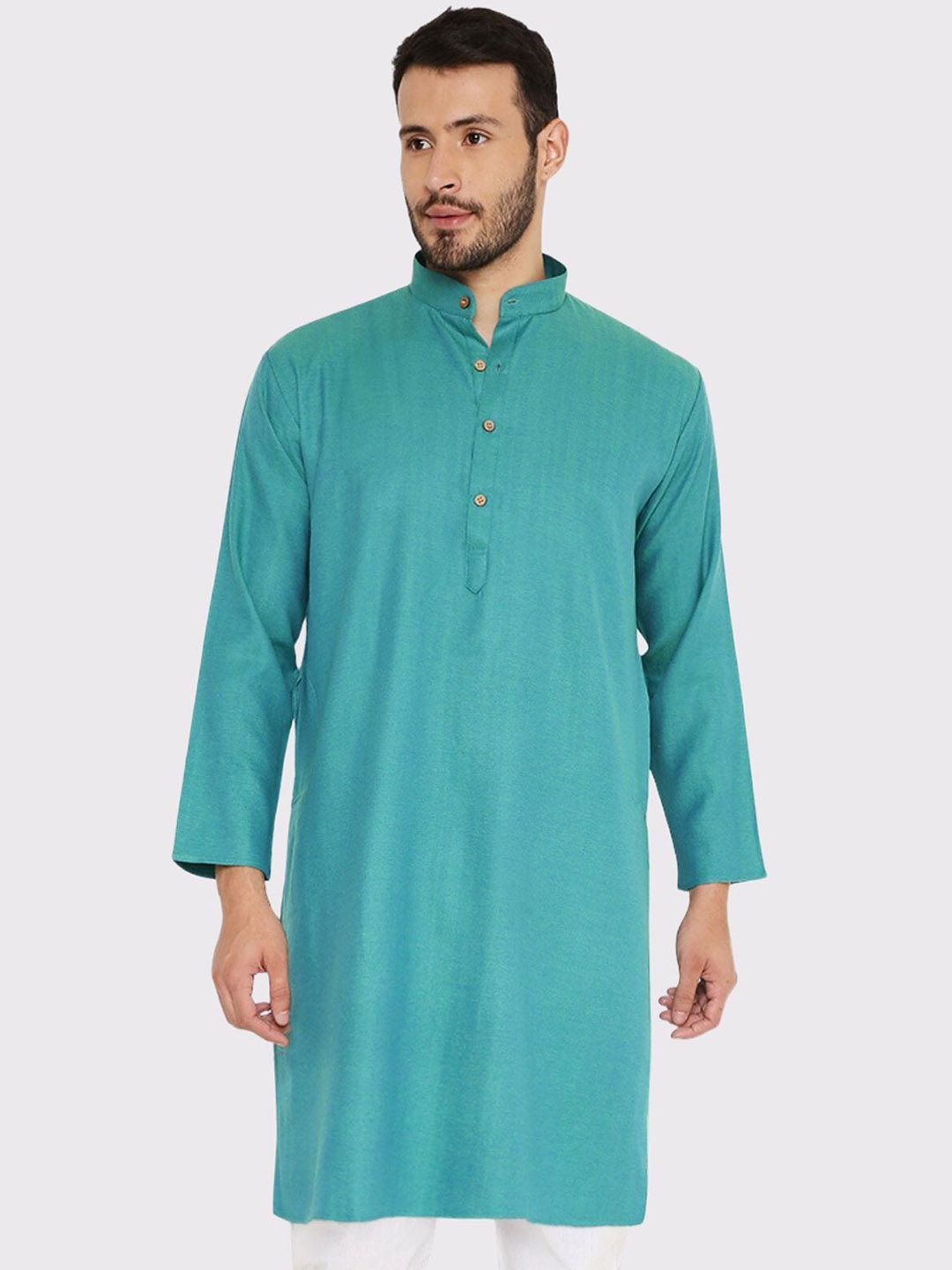 

Maharaja Band Collar Pure Linen Straight Kurta, Green