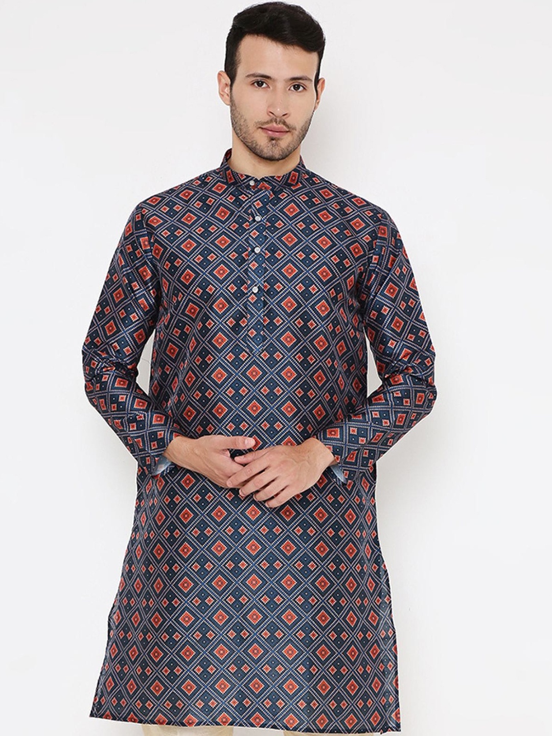 

Maharaja Ethnic Motifs Printed Mandarin Collar Silk Kurta, Blue