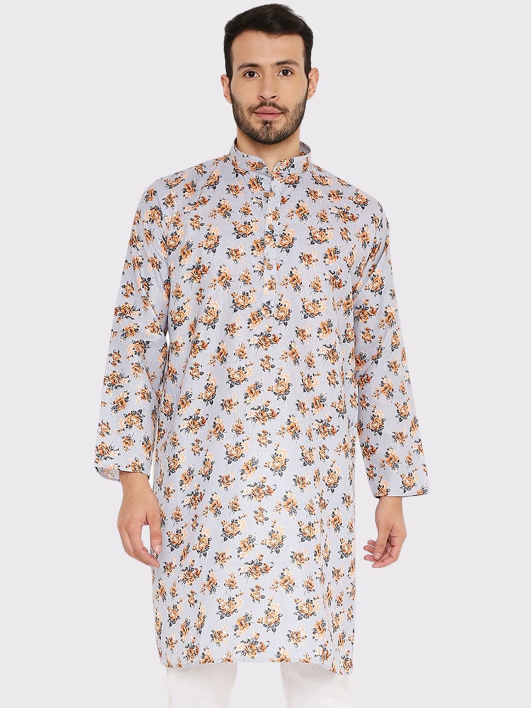 

Maharaja Floral Printed Linen Cotton Mandarin Collar Straight Kurta, Grey