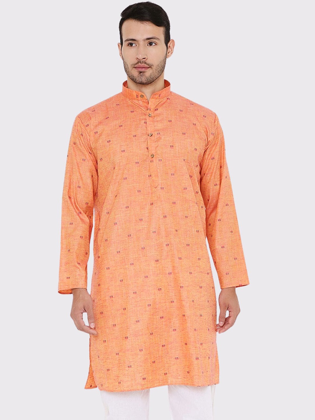 Maharaja Band Collar Linen Cotton Straight Kurta, Coral