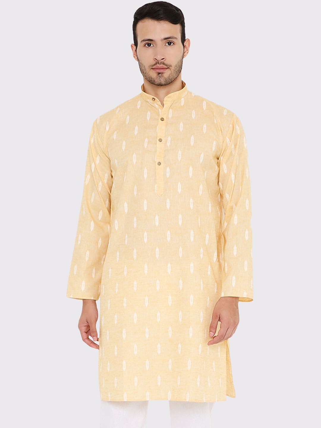 

Maharaja Woven Design Mandarin Collar Linen Cotton Straight Kurta, Yellow