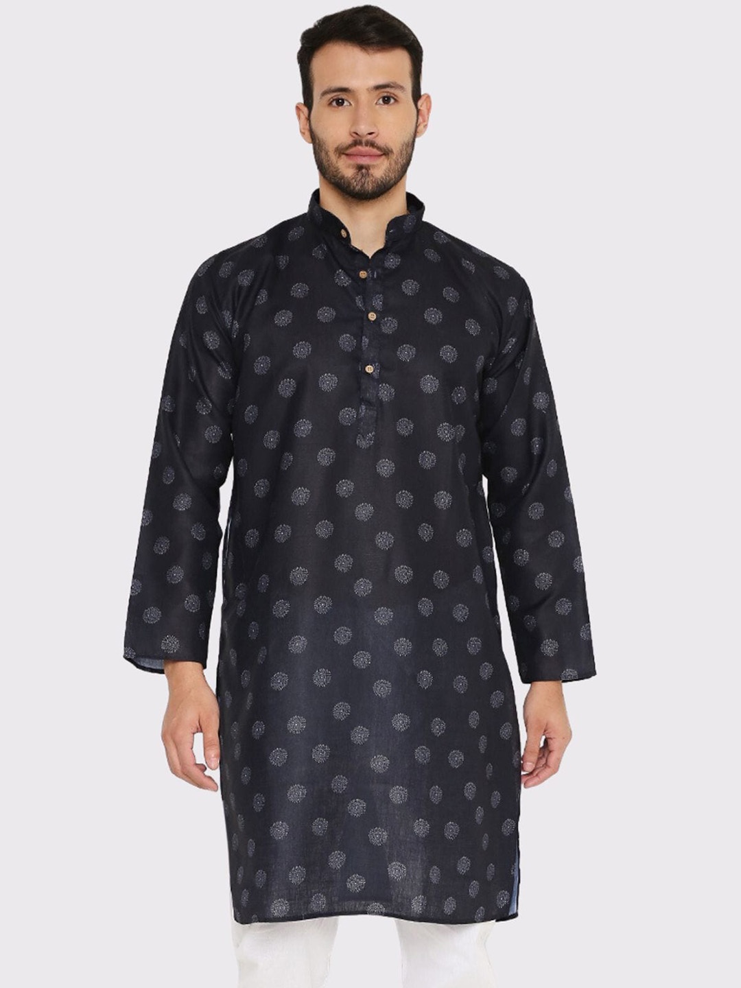 

Maharaja Ethnic Motifs Printed Mandarin Collar Cotton Linen Kurta, Navy blue