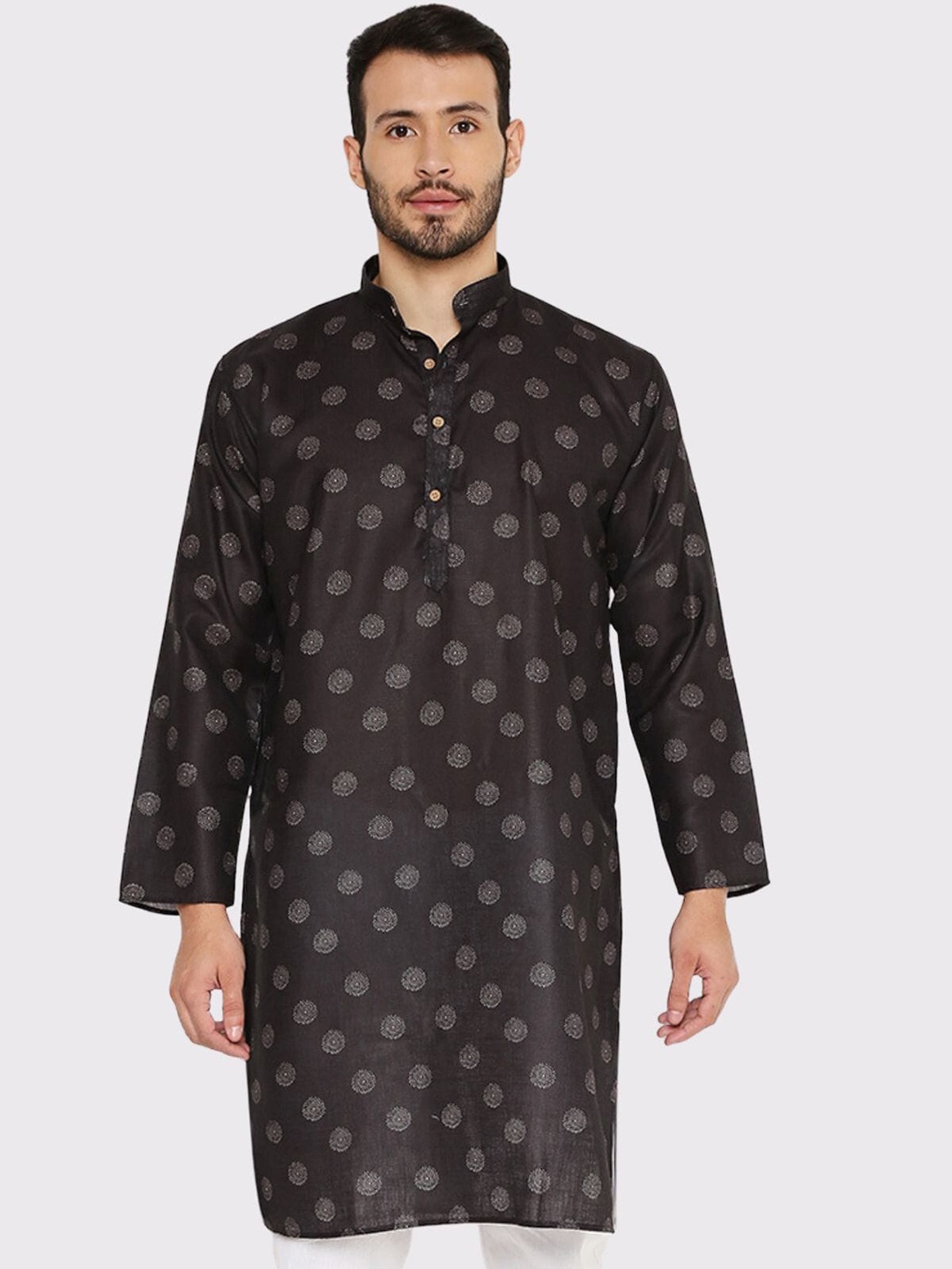 

Maharaja Ethnic Motifs Printed Band Collar Regular Fit Linen Cotton Kurta, Black