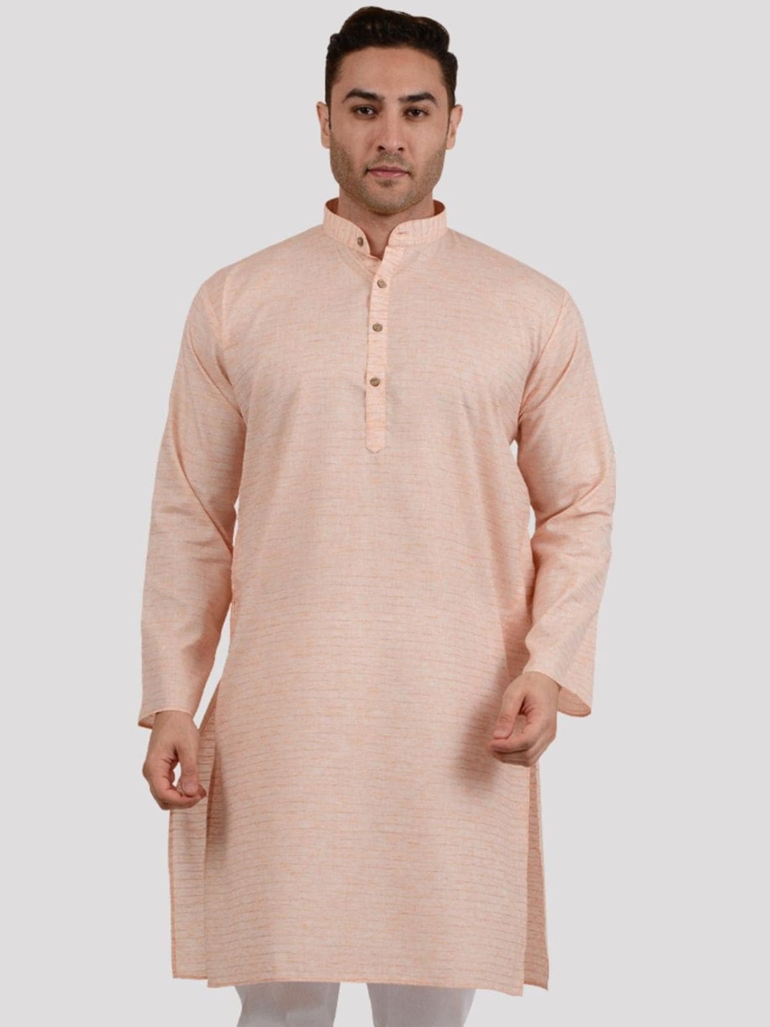 

Maharaja Striped Mandarin Collar Cotton Linen Straight Kurta, Orange