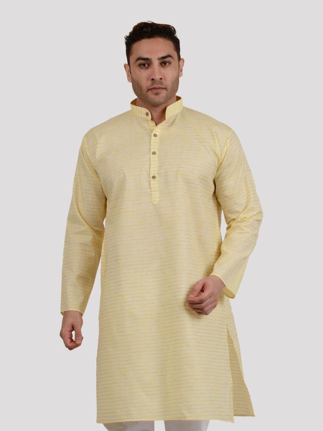 

Maharaja Striped Band Collar Cotton Linen Kurta, Yellow