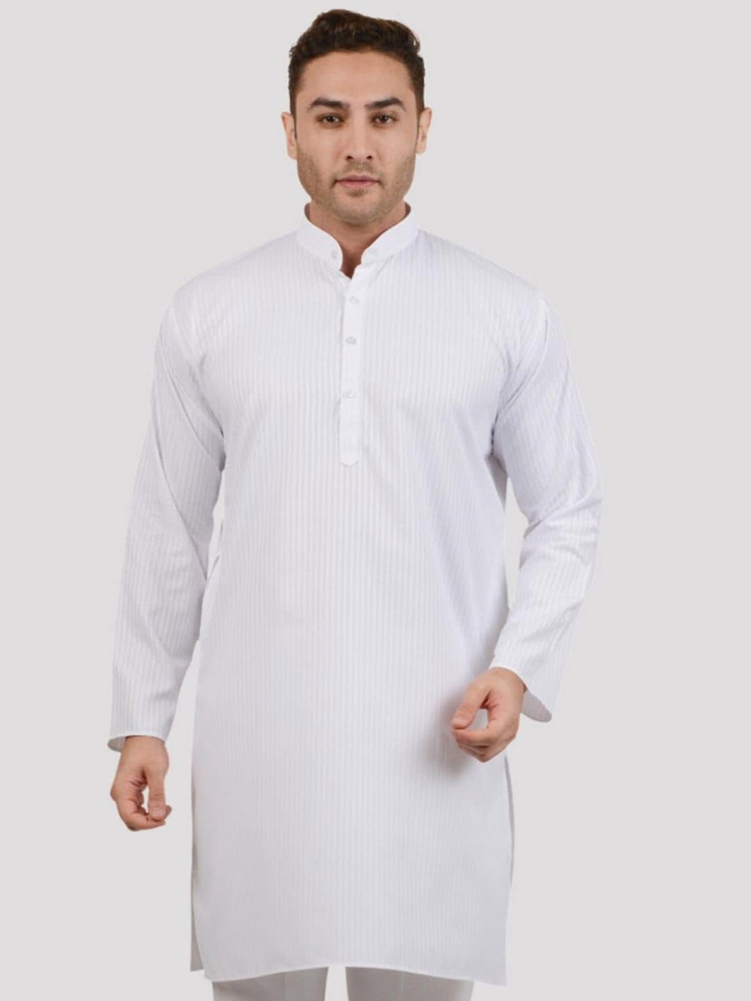 

Maharaja Striped Band Collar Pure Cotton Straight Kurta, White