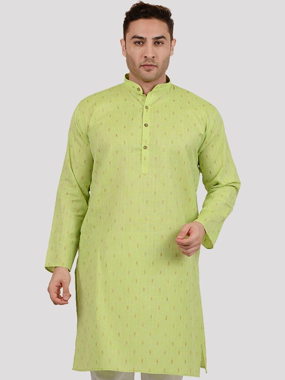 

Maharaja Geometric Woven Design Cotton Linen Band Collar Straight Kurta, Green