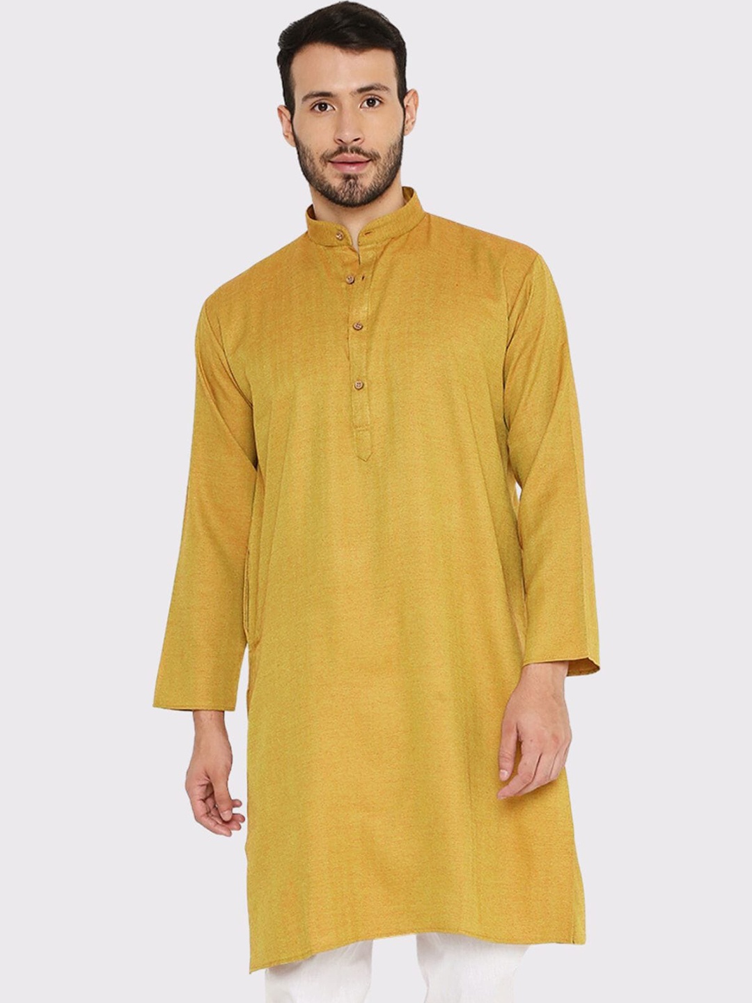 

Maharaja Band Collar Pure Cotton Linen Straight Kurta, Yellow