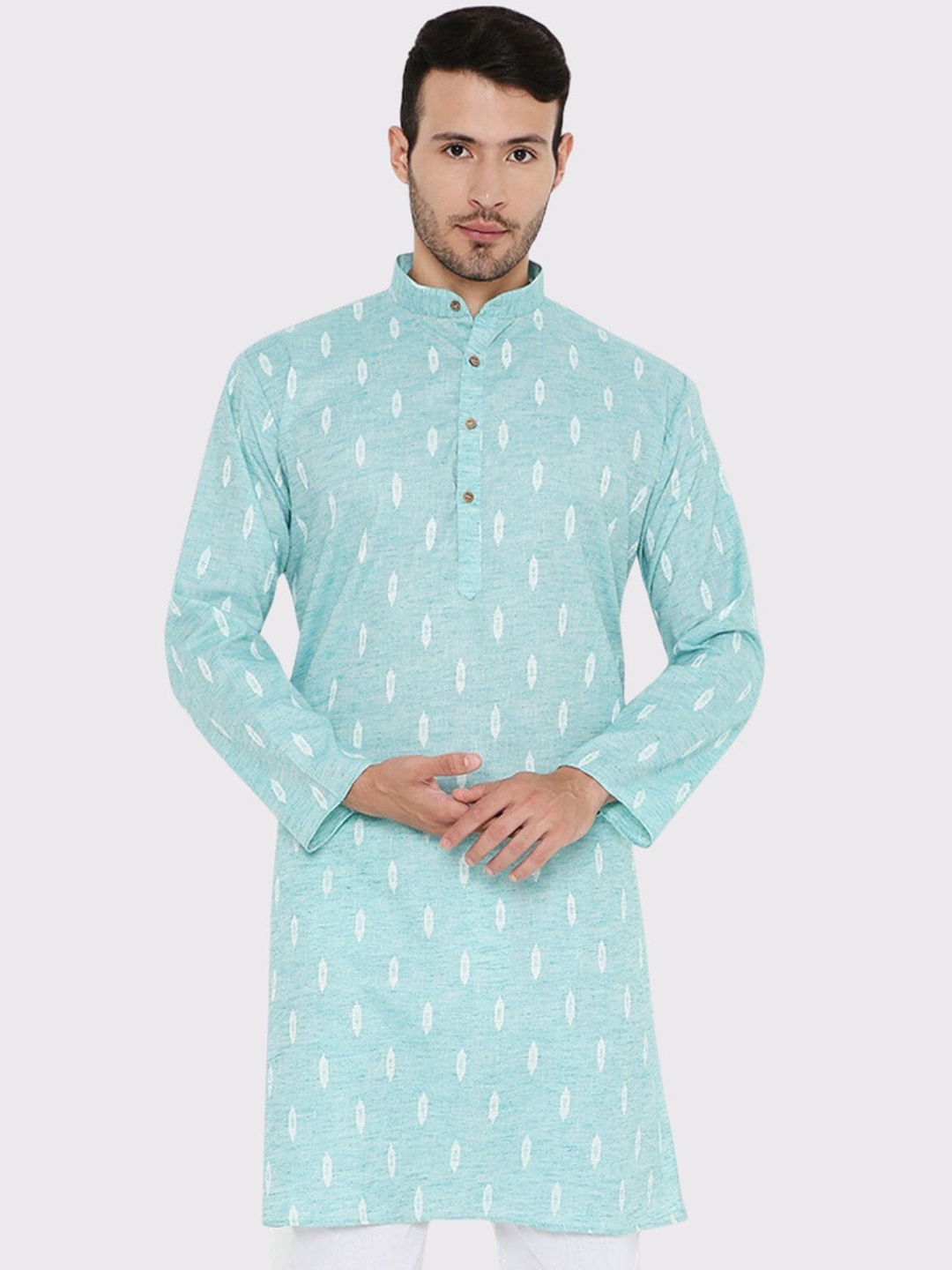 

Maharaja Ethnic Motifs Woven Design Mandarin Collar Cotton Linen Straight Kurta, Blue