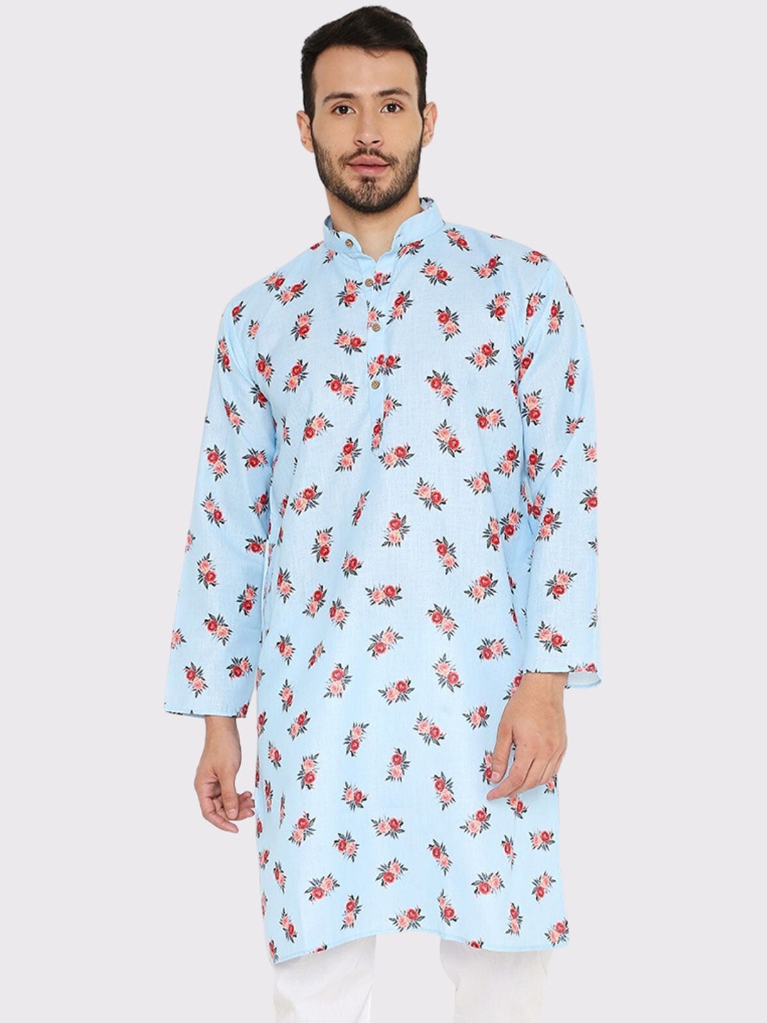 

Maharaja Floral Printed Mandarin Collar Linen Cotton Straight Kurta, Blue